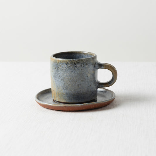 Taza Pequeña Rectangular CM - Azul Mágico + Plato Base  (IMPERFECTA)